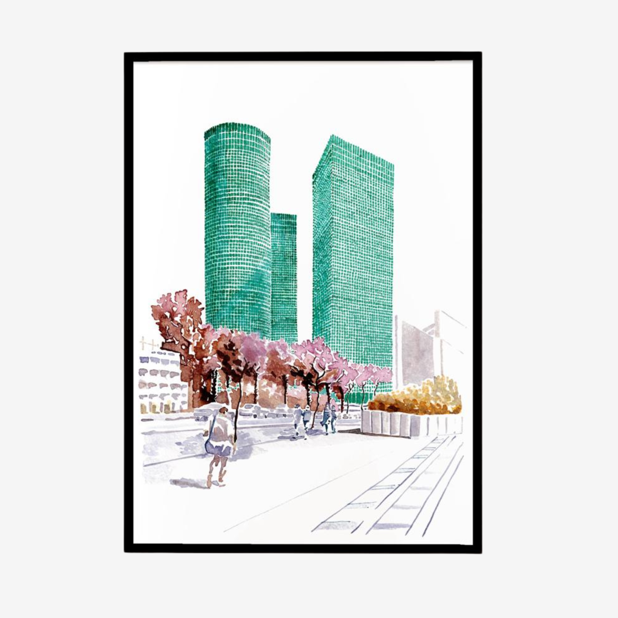 Azrieli Tower print watercolor artwork of Tel Aviv skyline with three green skyscrapers and pink trees in black frame