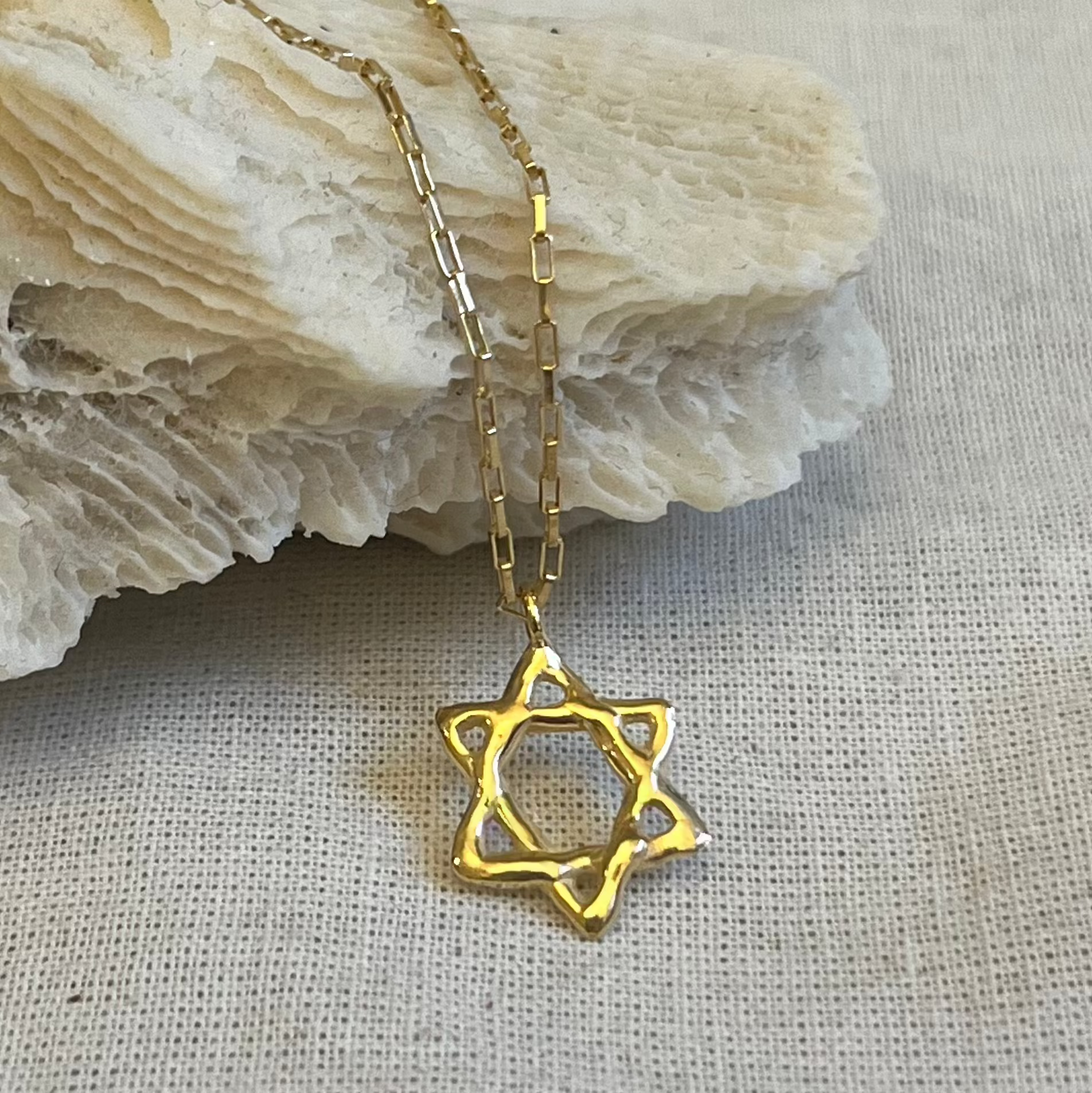 Gold Star of David Necklace with 14k gold plating on sterling silver, handcrafted with organic texture