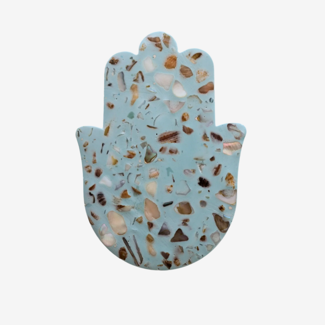 Handcrafted Israeli seashell terrazzo Hamsa wall decoration for protection and good fortune