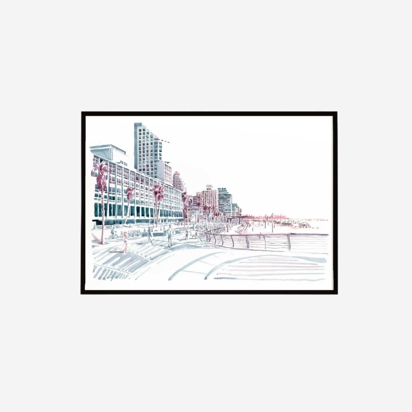 Tel Aviv beach boardwalk art print with cityscape and seaside view in wooden frame