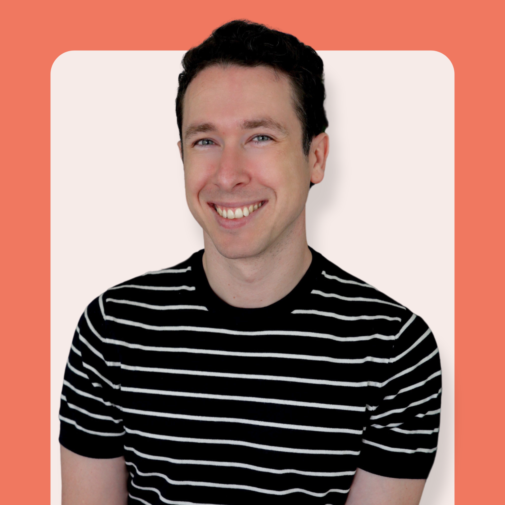 A person with short dark hair wearing a black and white striped t-shirt smiles at the camera. The background is light pink with a rounded coral border.
