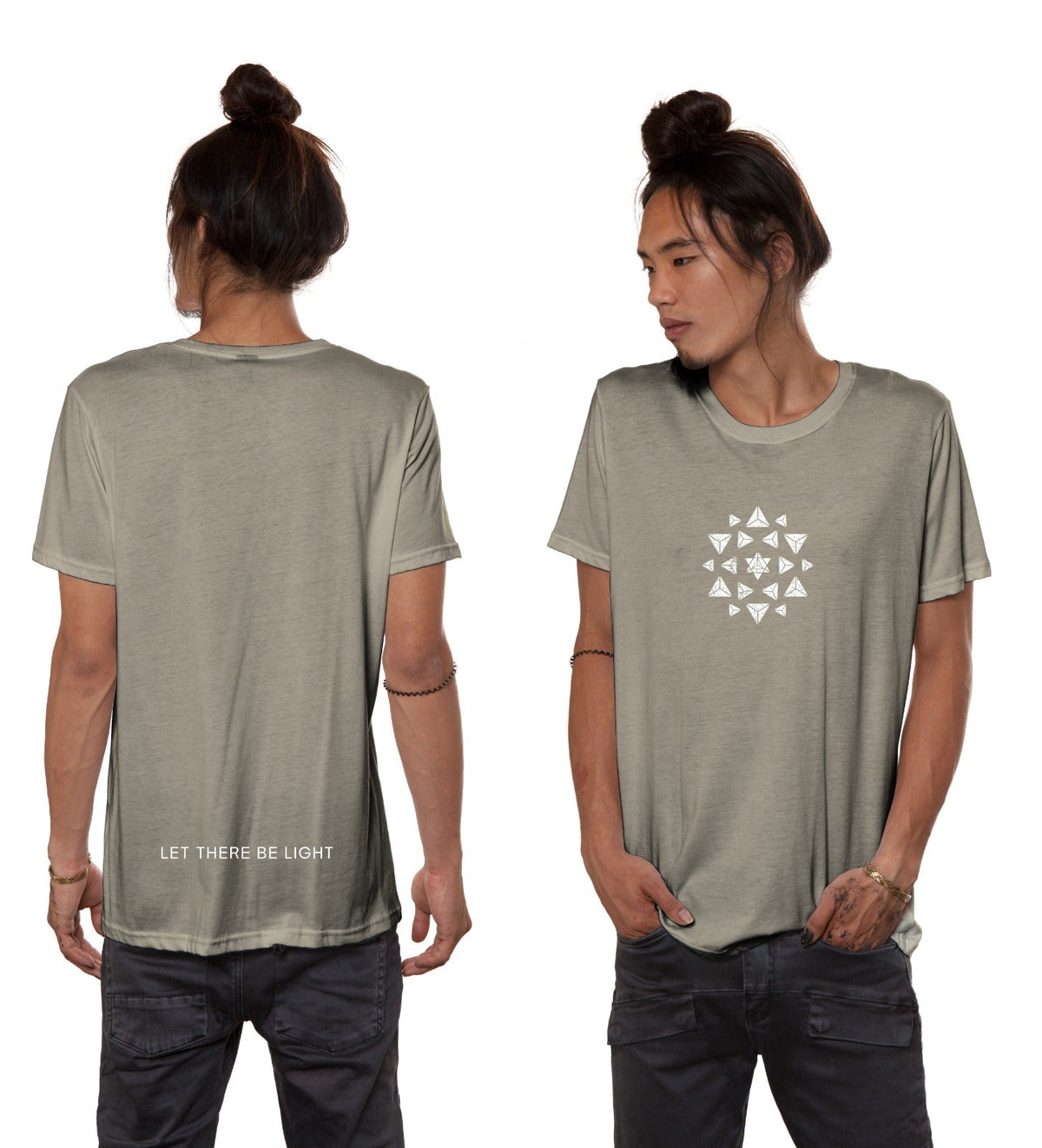 Nova Heaven T-Shirt in muted beige, with a small white geometric triangle emblem on the chest and text near the back hem.