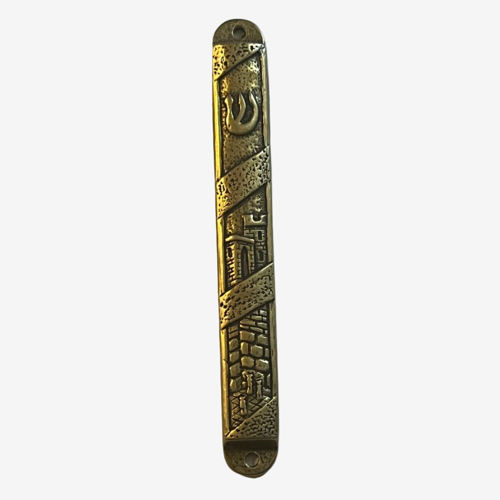 Gold-cast metal Jerusalem mezuzah with Western Wall design by Elad Casting, Tel Aviv