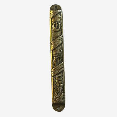 Gold-cast metal Jerusalem mezuzah with Western Wall design by Elad Casting, Tel Aviv