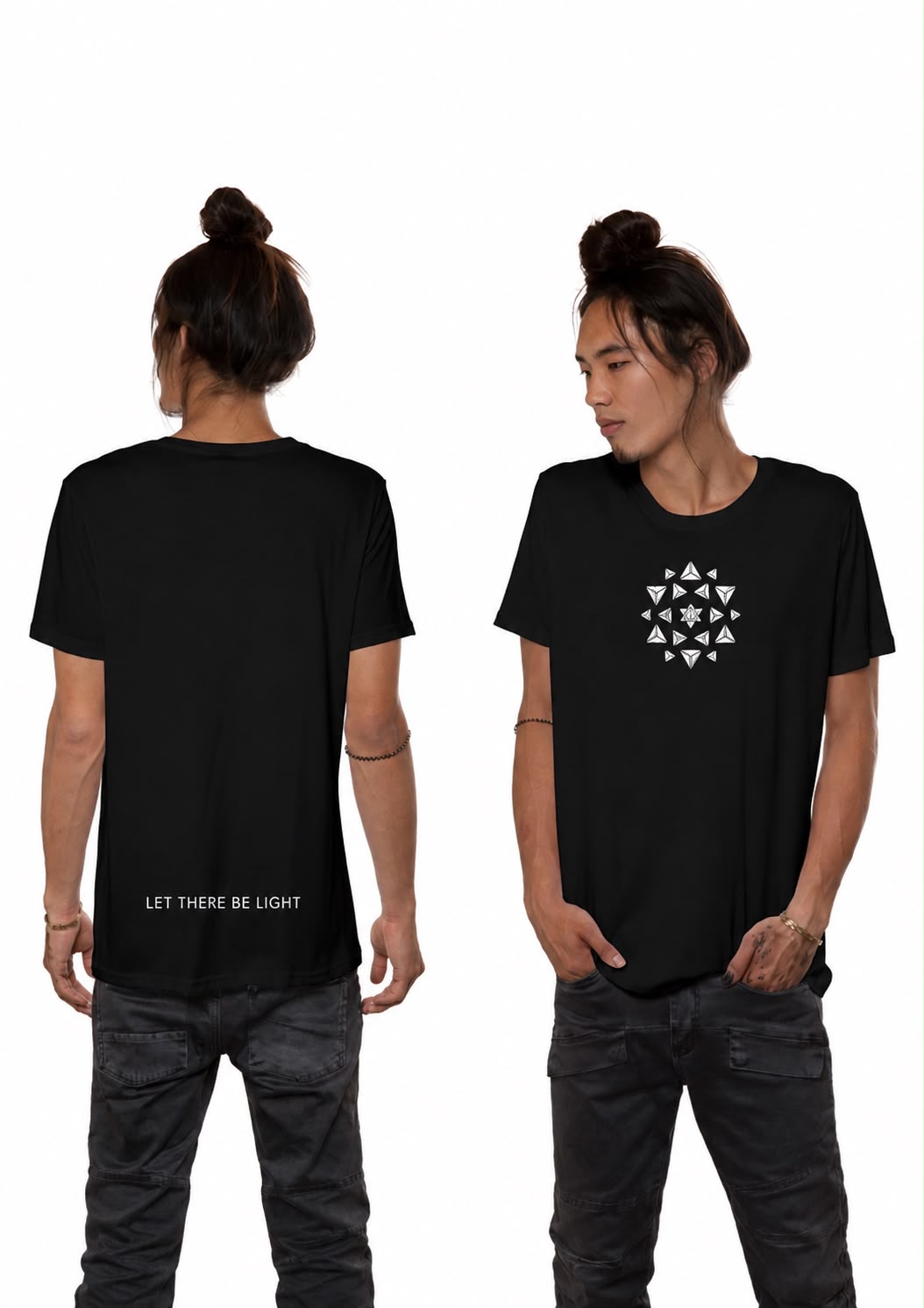 Nova Heaven T-Shirt in black cotton, featuring a white geometric starburst on the front and “LET THERE BE LIGHT” text on the back.