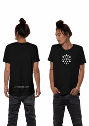 Nova Heaven T-Shirt in black cotton, featuring a white geometric starburst on the front and “LET THERE BE LIGHT” text on the back.