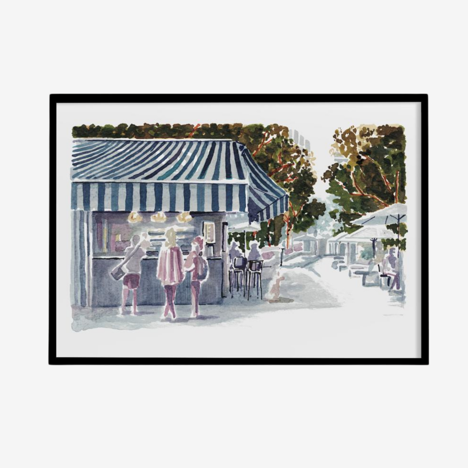 Framed Rothschilda kiosk print on Tel Aviv's Rothschild Boulevard with trees and café tables