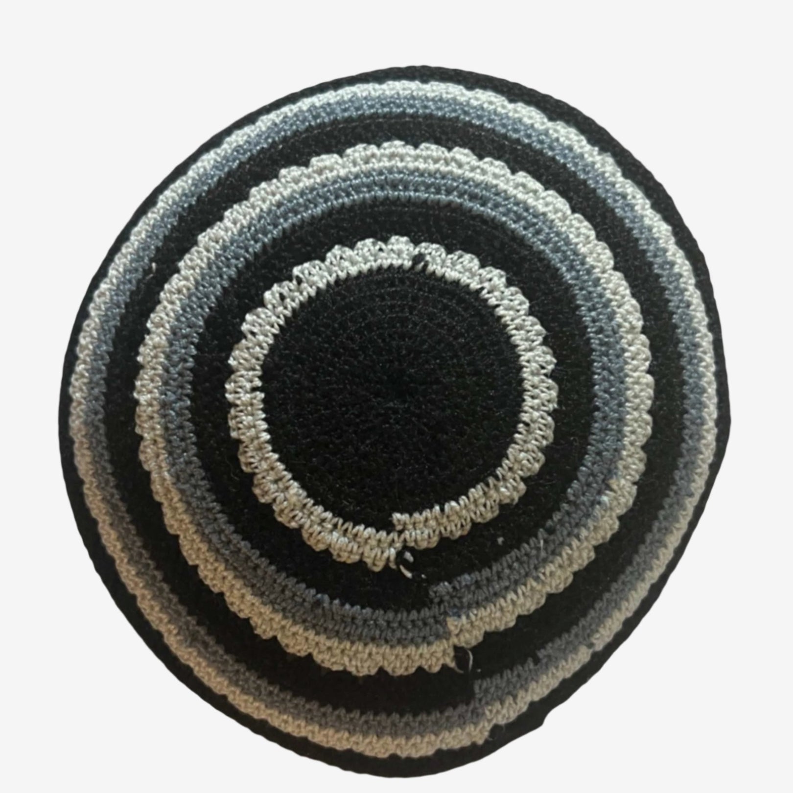 Handmade 12 cm yarmulke from Jerusalem with intricate embroidery and neutral shades, blending tradition and modern craftsmanship