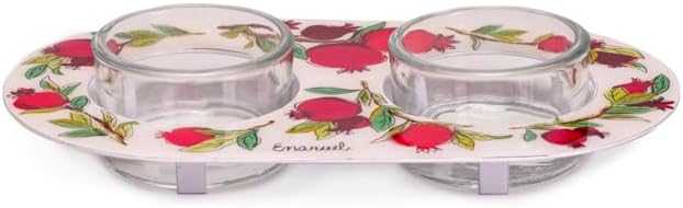 Yair Emanuel Shabbat candle holders metal base with vibrant pomegranate design and glass cups for tea light candles