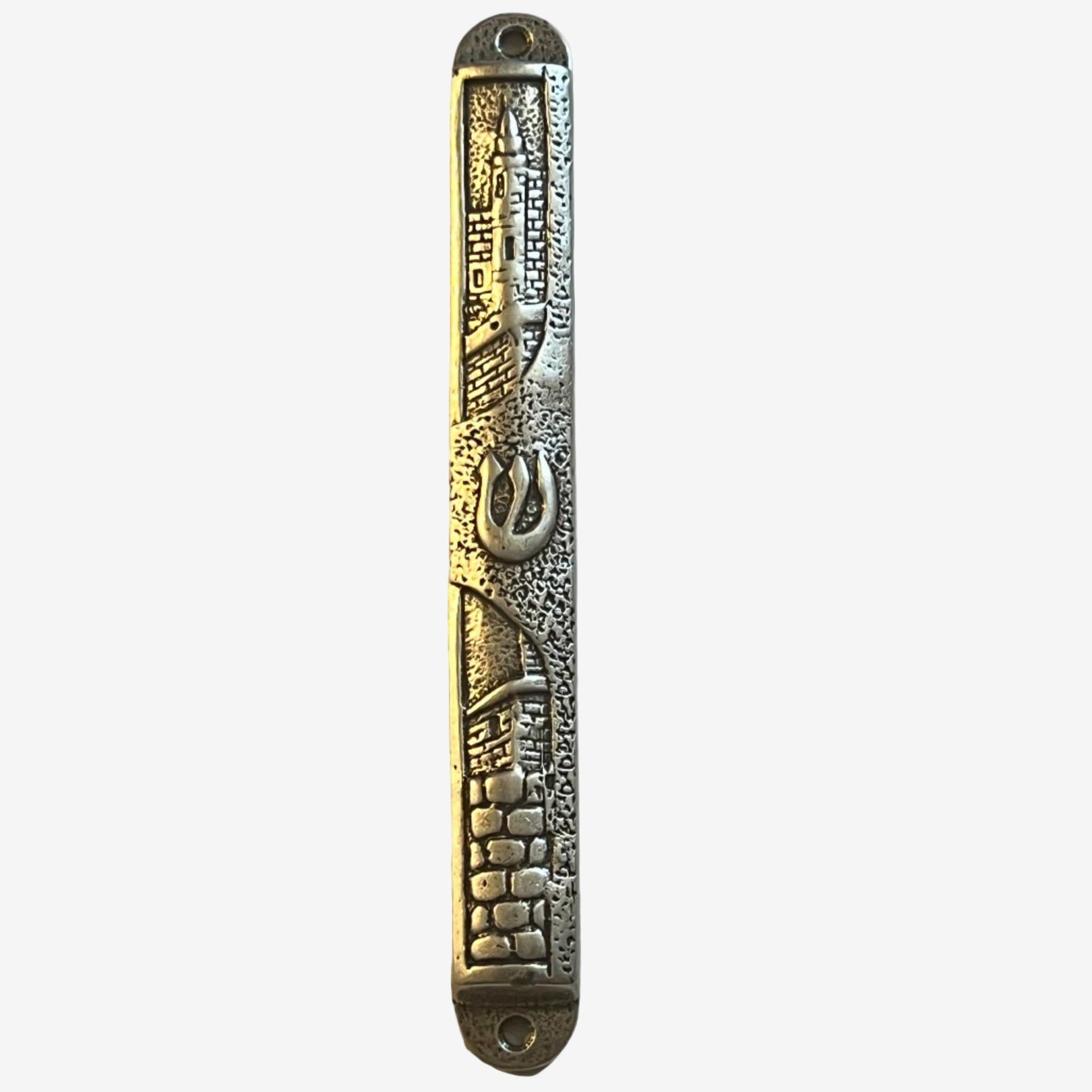 Silver Jerusalem casted metal mezuzah featuring Western Wall and Hebrew Shin symbol by Elad Casting