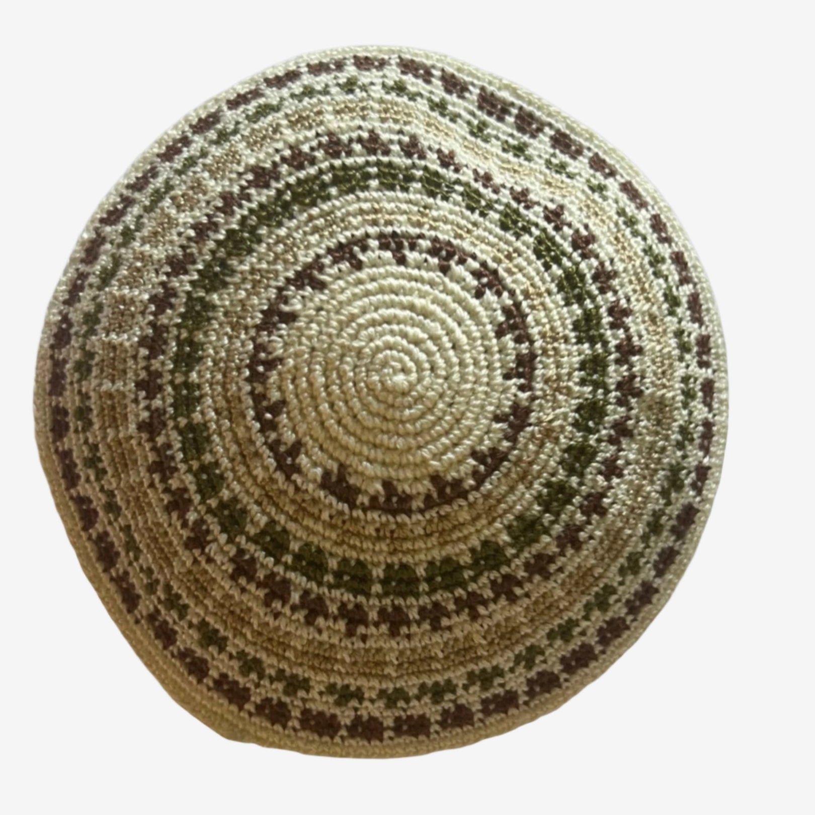 Handmade 12 cm yarmulke from Jerusalem with intricate embroidery and neutral tones, blending tradition and modern craftsmanship
