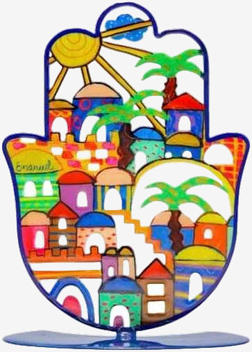 Metal Hamsa of Jerusalem with colorful hearts, flowers, birds, fairies, and Old City design by Yair Emanuel