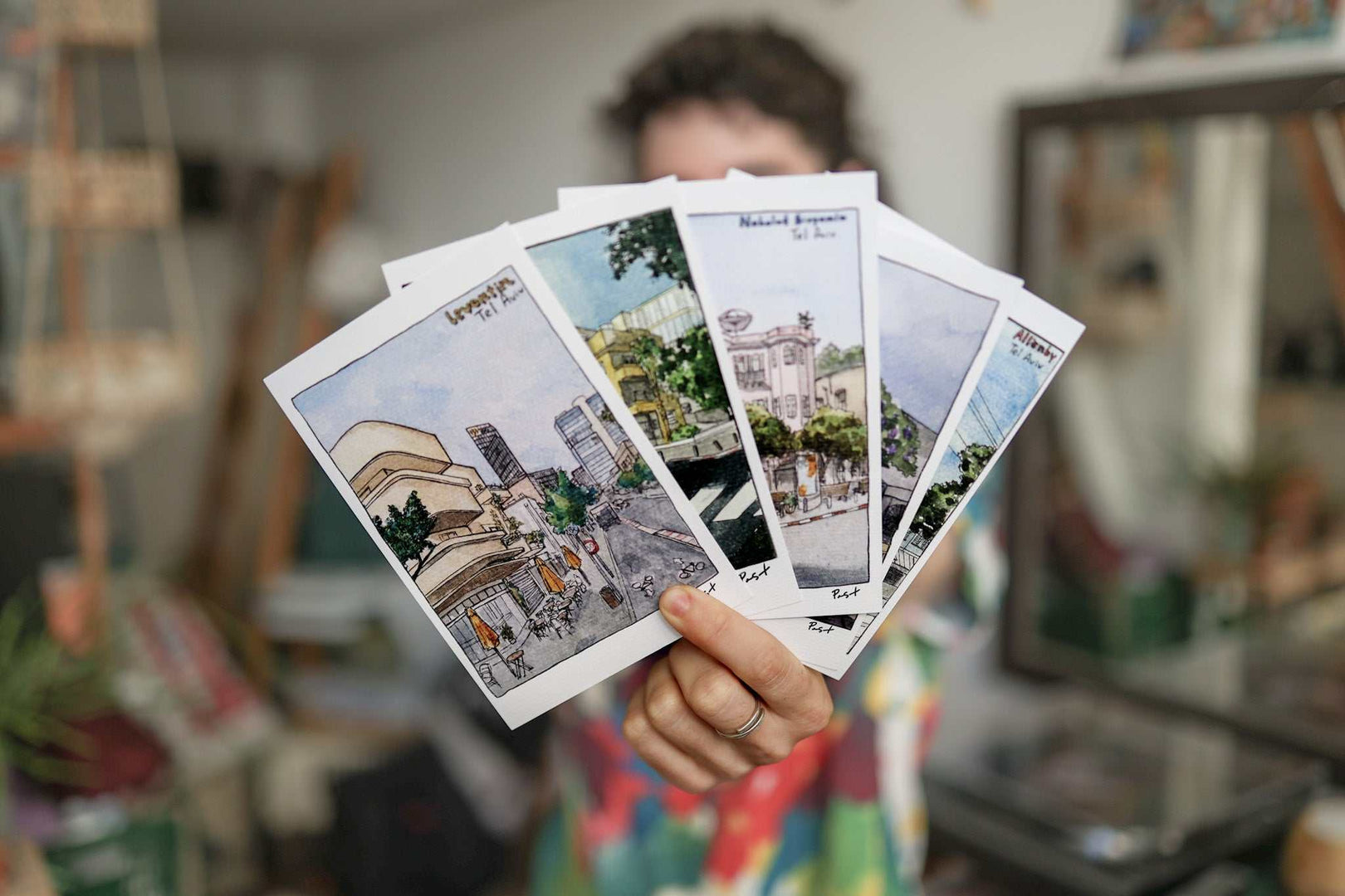 Set of five illustrated Tel Aviv postcards featuring Bauhaus architecture, beaches, and city scenes by PAST