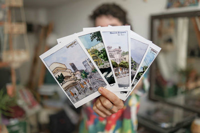 Set of five illustrated Tel Aviv postcards featuring Bauhaus architecture, beaches, and city scenes by PAST