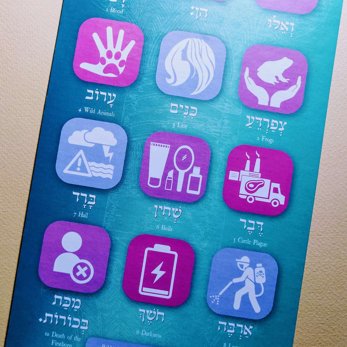 Interactive cards from The Recreated Haggadah by Create Unbound, featuring symbols and icons of the Ten Plagues.