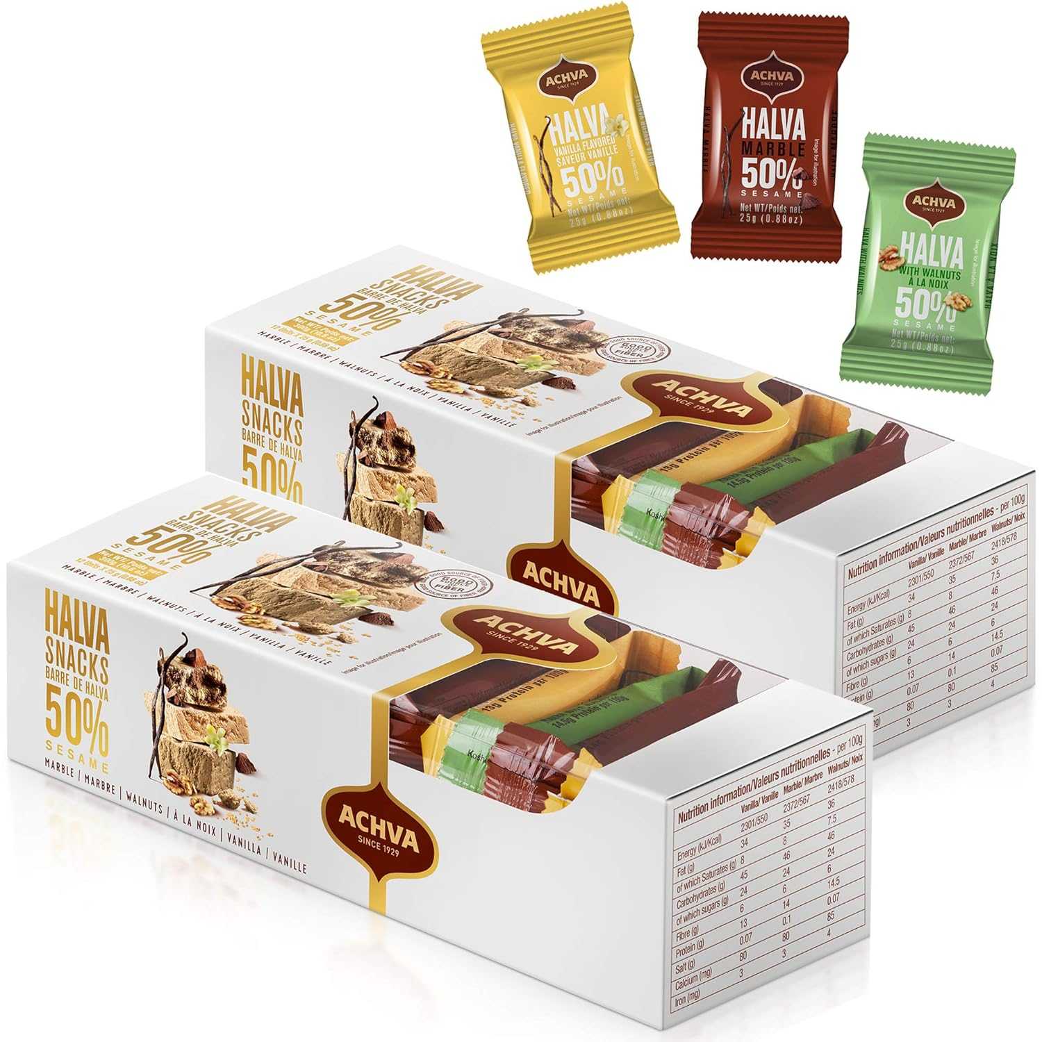 Variety pack of kosher Israeli halvah candy bars by Achva in marble, vanilla, and walnut flavors