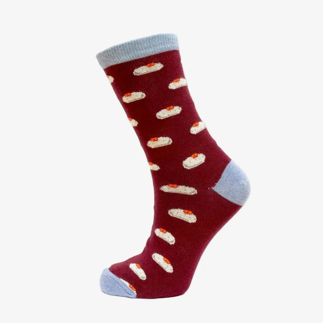 Colorful Kremo Fun Socks featuring gefilte fish design made in Israel by Groovim