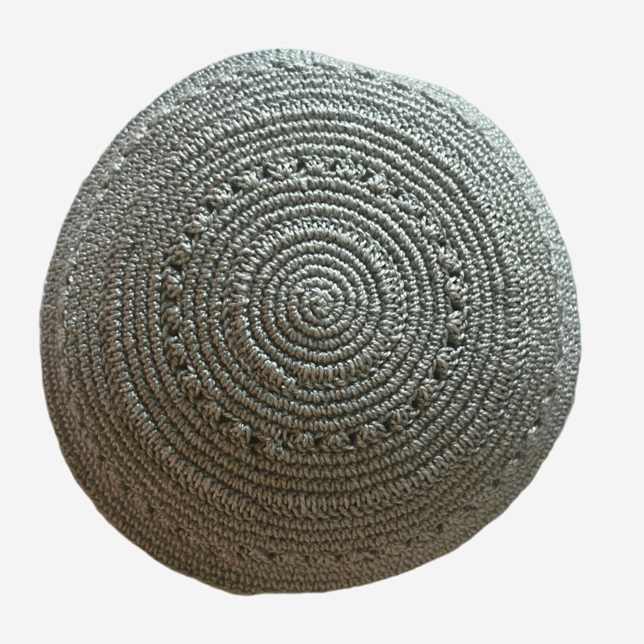 Handmade gray kippa from Jerusalem with intricate embroidery design.