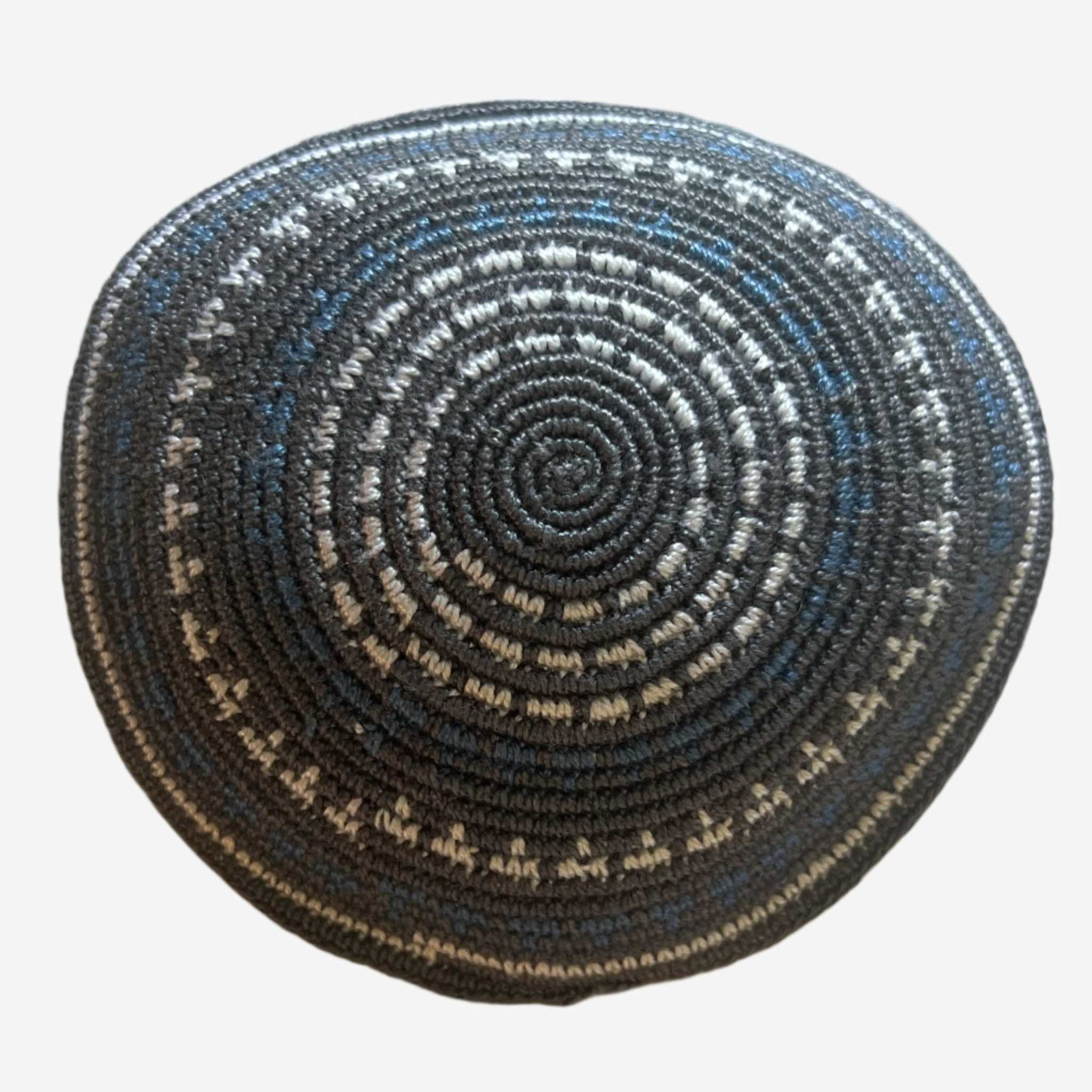 Handmade full-pattern kippa in gray, crafted in Jerusalem with traditional embroidery.