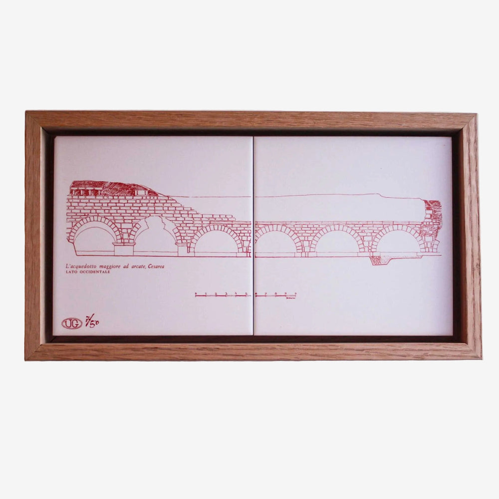 Hand-printed RELIC Cesarea Aqueduct ceramic tiles by Ehud Gardi showing historical aqueduct imagery
