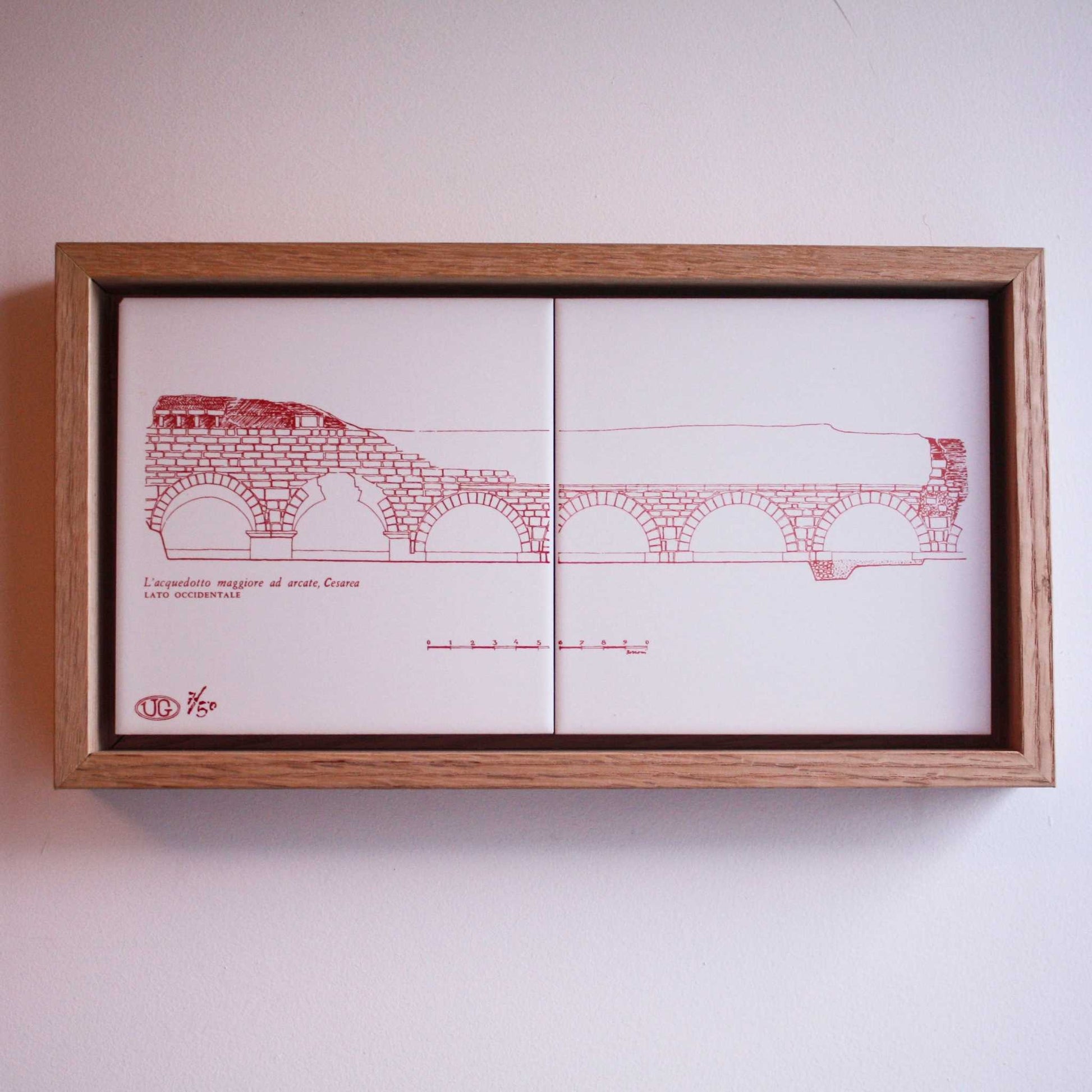 Hand-printed ceramic RELIC Cesarea Aqueduct tile set by Ehud Gardi in wooden frame