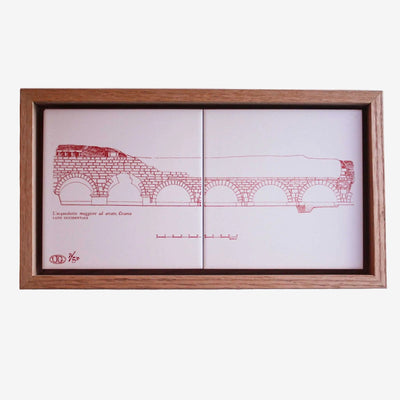 Hand-printed RELIC Cesarea Aqueduct ceramic tiles by Ehud Gardi showing historical aqueduct imagery