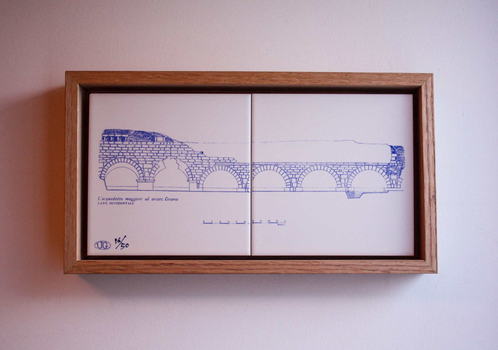 RELIC Cesarea Aqueduct hand-printed ceramic tile set by Ehud Gardi with ancient aqueduct imagery