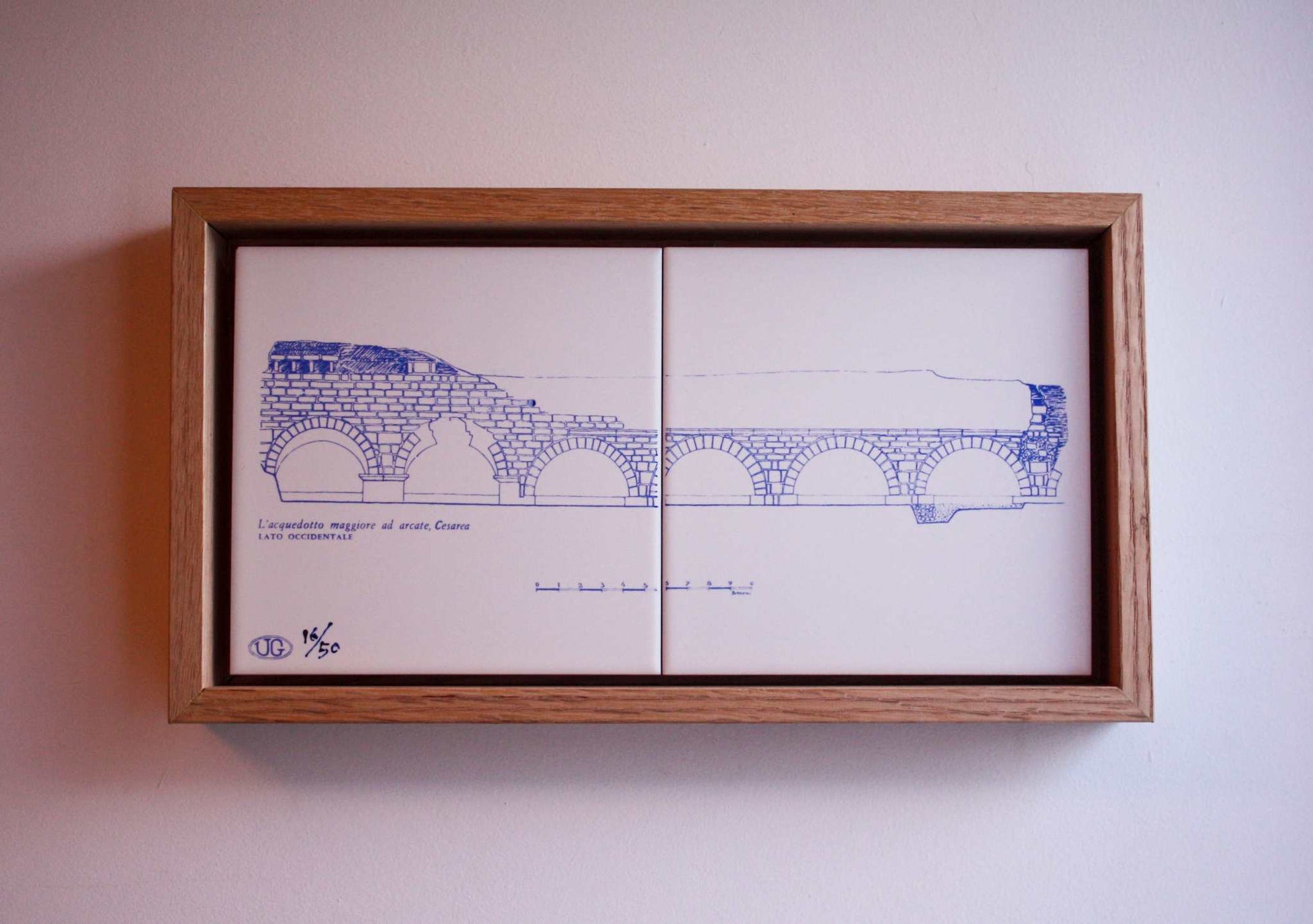 RELIC Cesarea Aqueduct ceramic tile set with hand-printed silkscreen design of ancient aqueduct in wooden frame