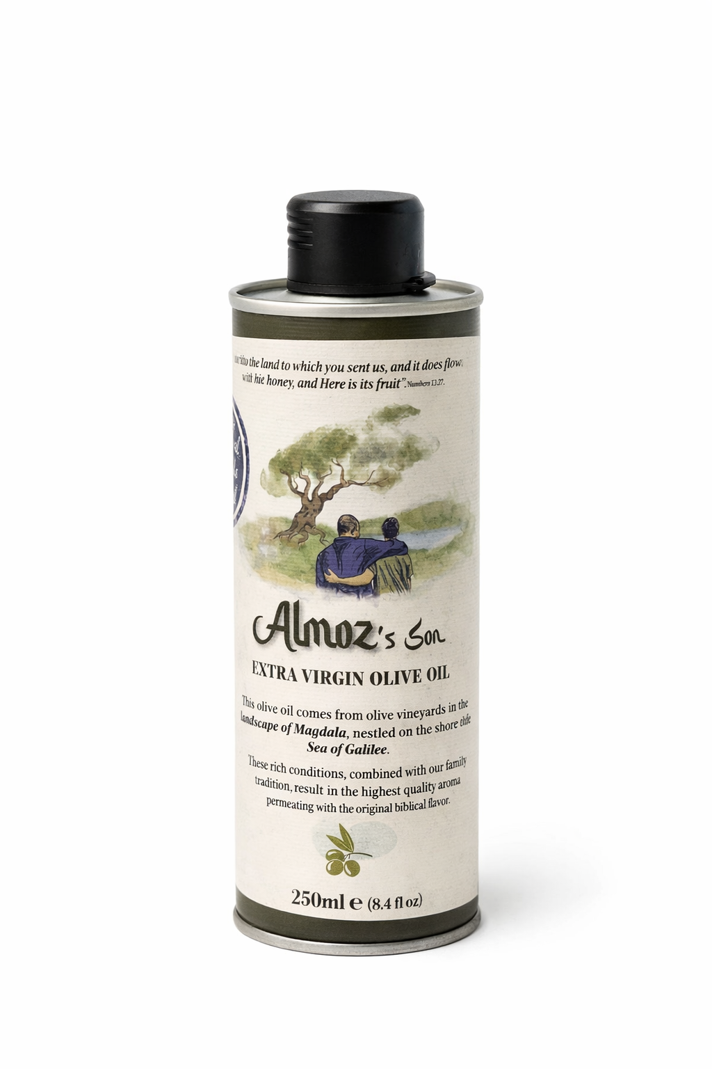 250ml olive oil tin bottle from Almoz's Son, Galilee-grown extra virgin olive oil with delicate, fruity flavor