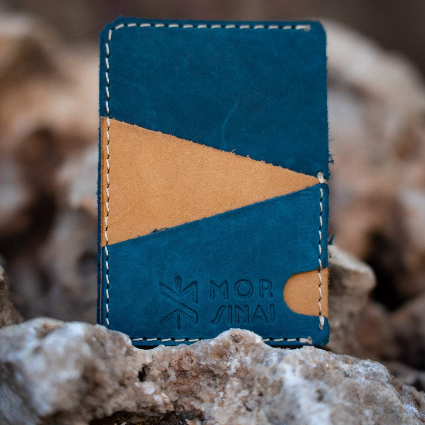 Handmade leather card wallet in blue and tan full-grain Italian leather with hand-stitched details by Mor Sinai