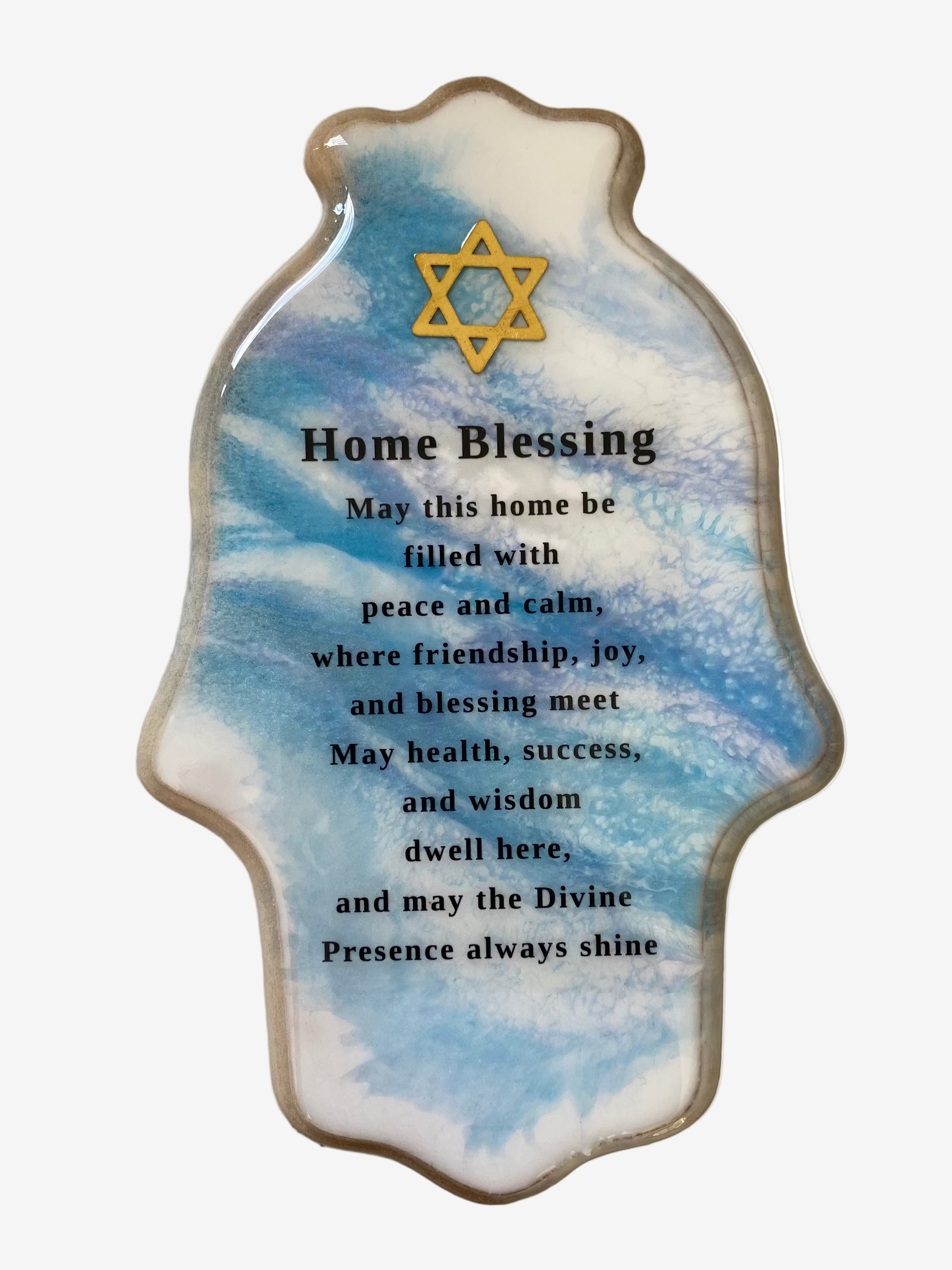 Blessing for Home ceramic Hamsa plaque with blue watercolor background and gold Star of David symbol