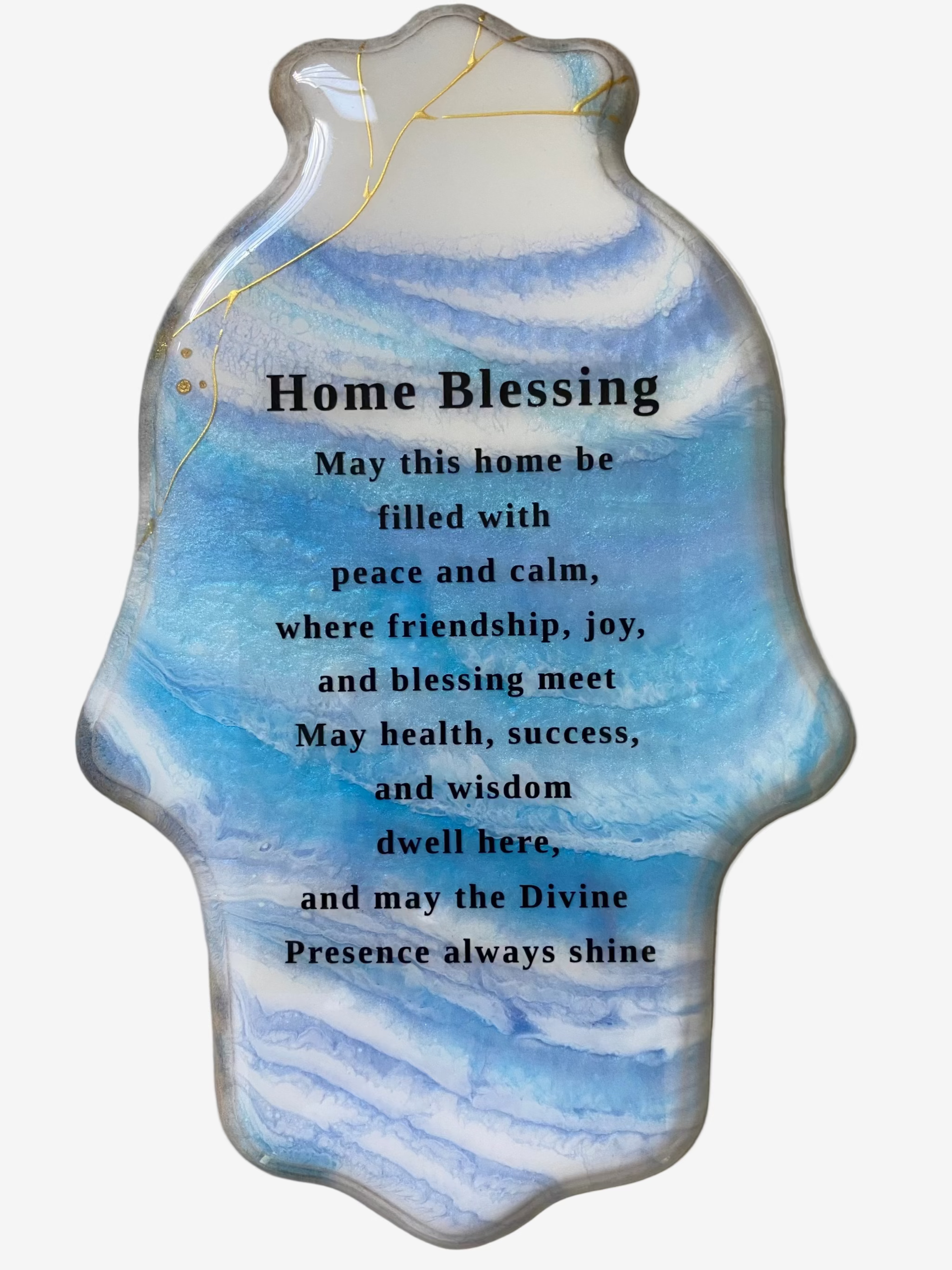 Ceramic Hamsa with blue and white waves design featuring a home blessing for peace, calm, friendship, joy, health, success, and divine presence.