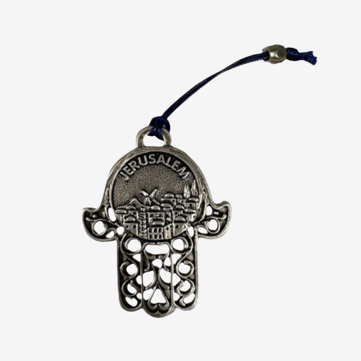 Handcrafted silver finish Hamsa wall art with engraved Jerusalem design and hanging cord