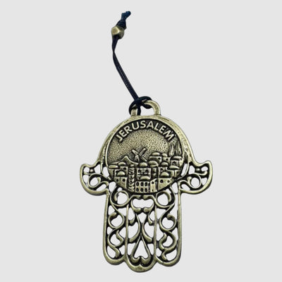 Handcrafted antique silver Hamsa wall art featuring Jerusalem engraving for protection and heritage