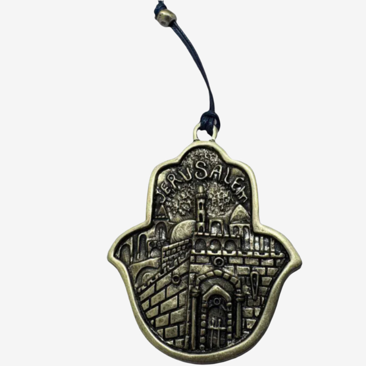 Antique silver finish metal Hamsa wall art with detailed Jerusalem engraving and hanging cord.