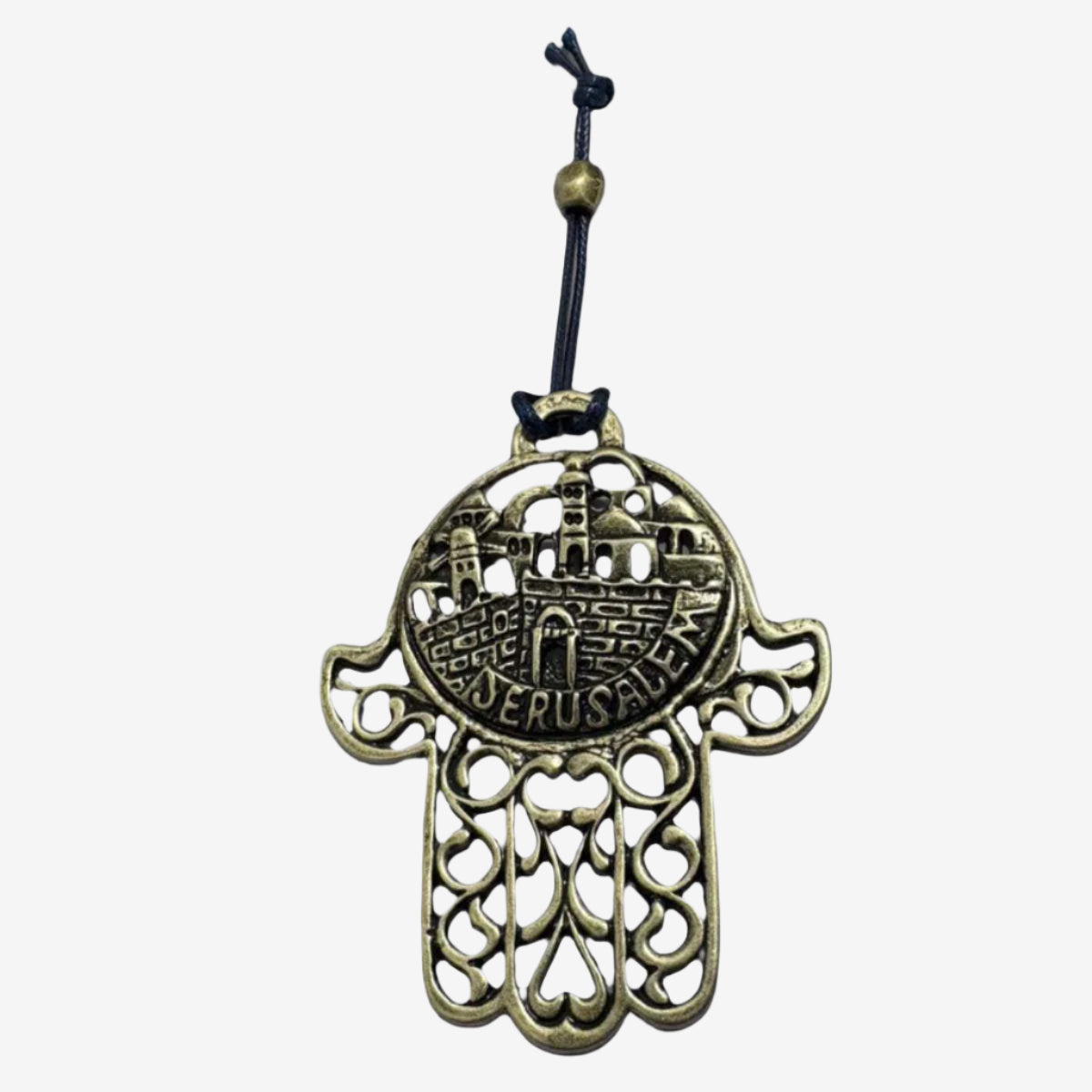 Handcrafted metal Hamsa wall art with intricate Jerusalem engraving and antique silver finish for protection and decoration