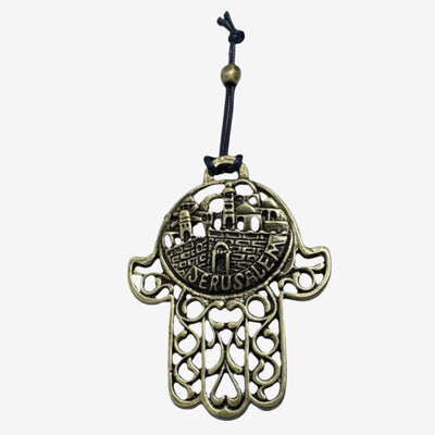 Handcrafted Jerusalem Hamsa wall art in antique silver finish by Elad Casting Studio, symbolizing protection and heritage