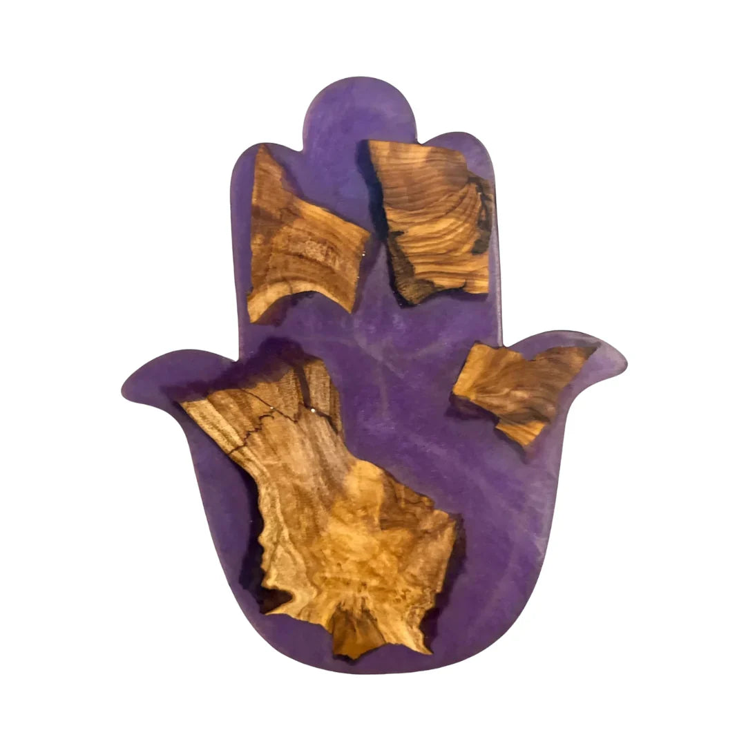 Handcrafted Galilee olive wood and resin Hamsa wall decor by Eial Ovin with strong adhesive back for easy mounting