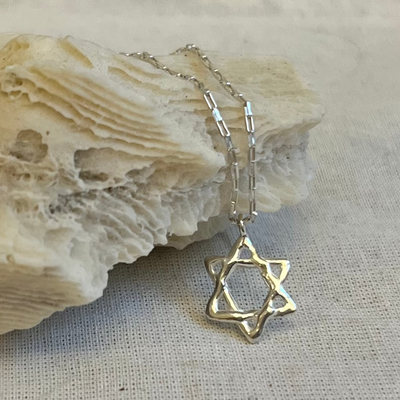 Silver Star of David necklace handcrafted from 925 sterling silver with organic texture, symbolizing strength and remembrance.