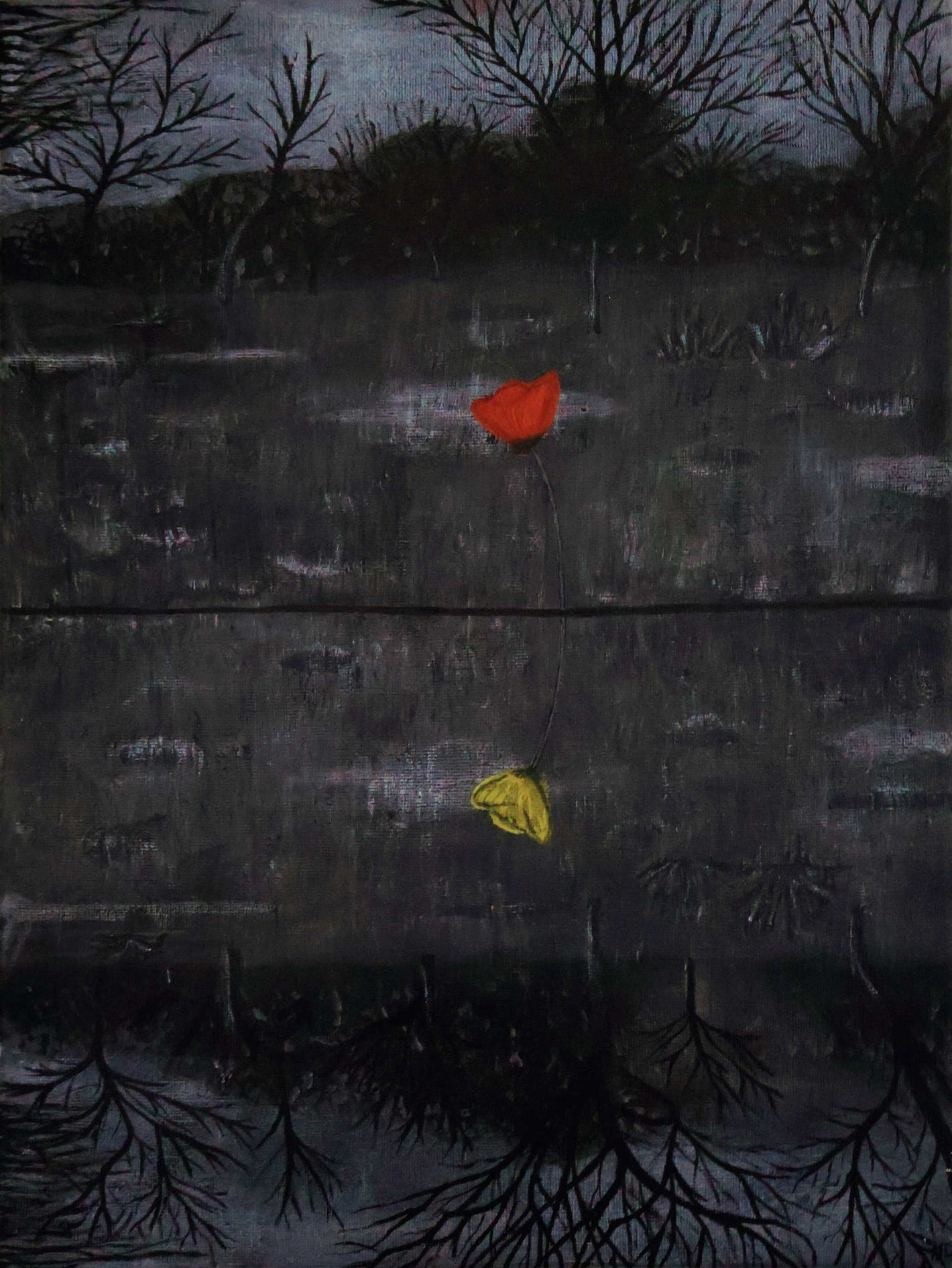 Bring Them Home Print by Maayan Dee featuring red and inverted yellow flowers symbolizing survival and hope.