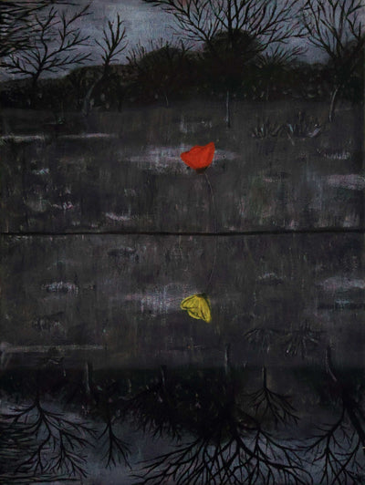 Bring Them Home Print by Maayan Dee featuring red and inverted yellow flowers symbolizing survival and hope.