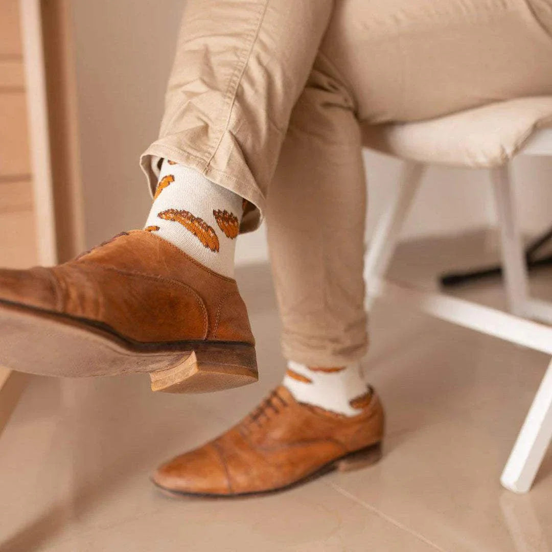 Challah-themed Kremo Fun Socks inspired by braided bread, made in Israel, premium cotton for Shabbat and holidays