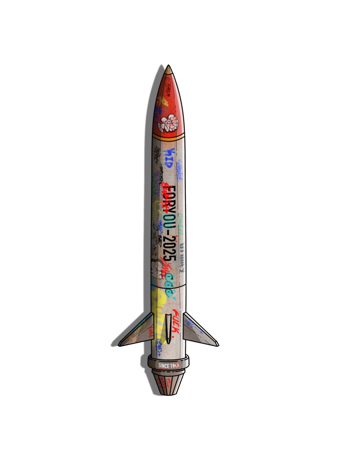 Illustrated rocket framed print with graffiti art and colorful 2025 design
