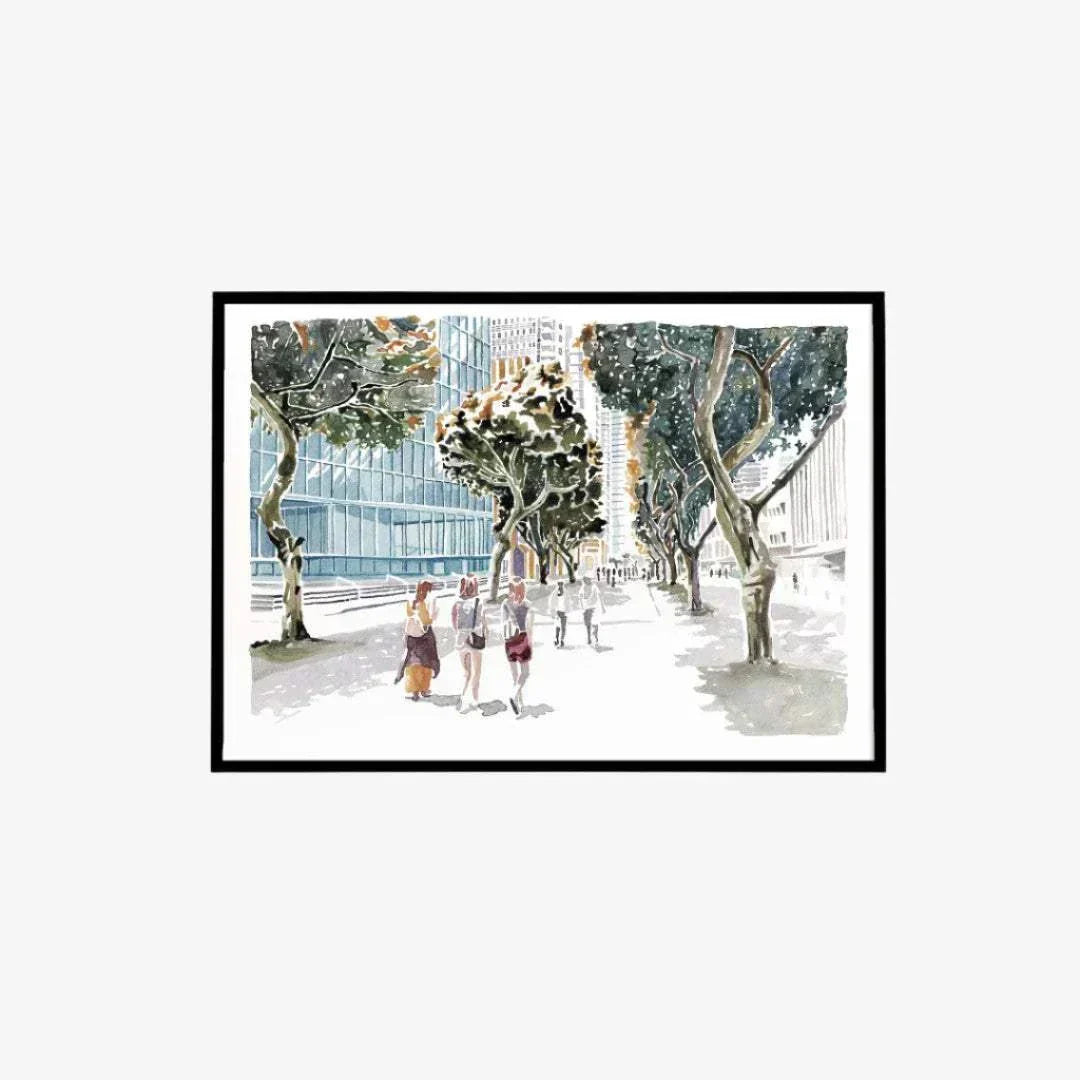 Framed Rothschild Boulevard Tel Aviv print with modern towers and leafy trees by Vitsky