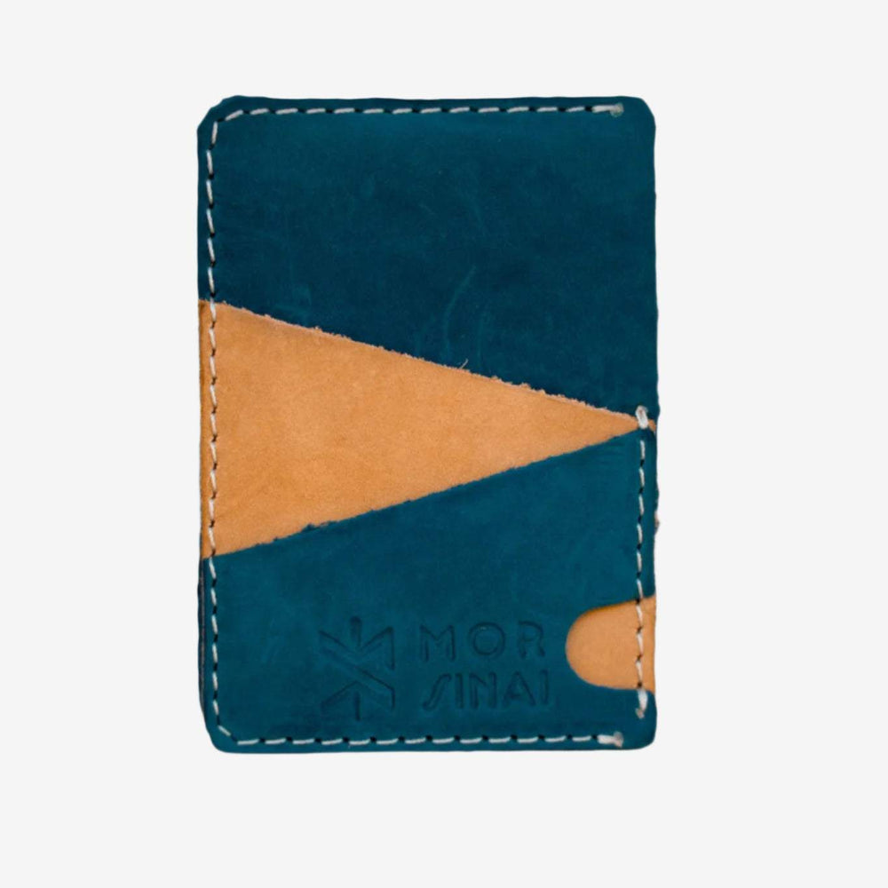 Handmade leather card wallet in blue and tan full-grain leather with hand-stitched details by Mor Sinai