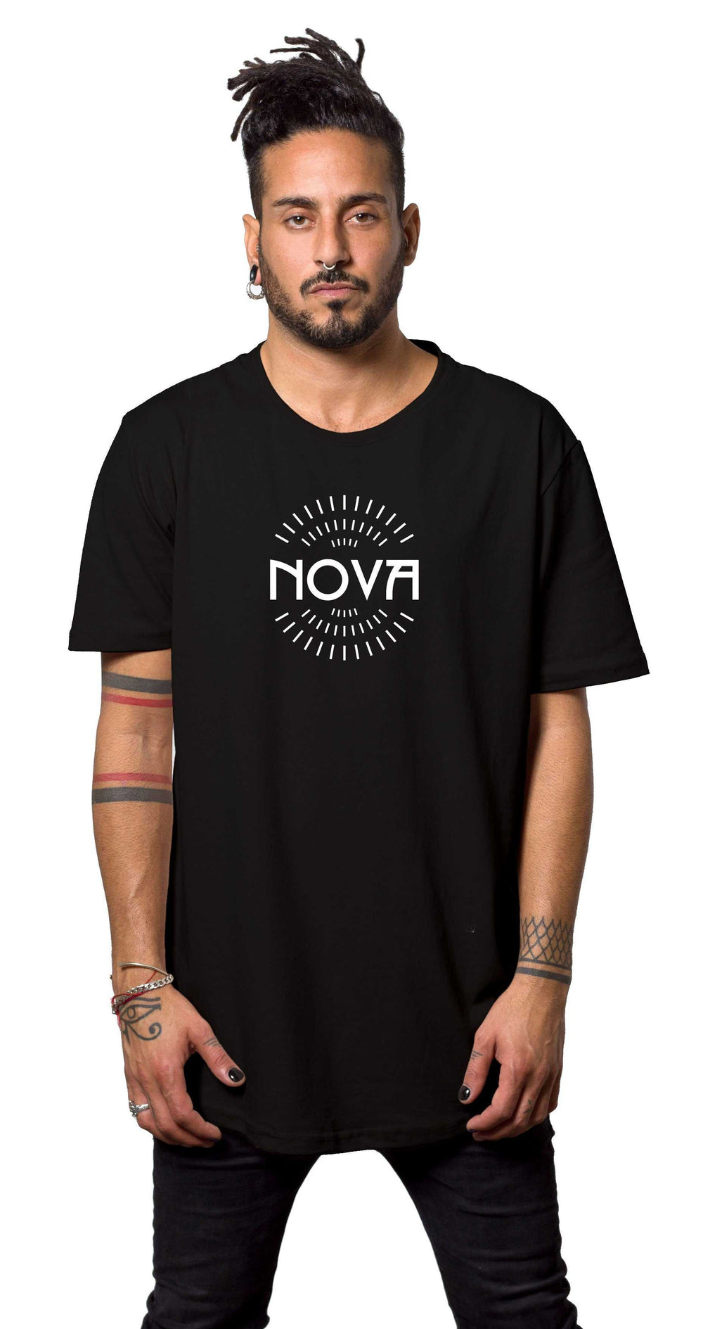 Nova Big Logo T-Shirt in black, featuring a large white NOVA logo with radiating line details on the front.