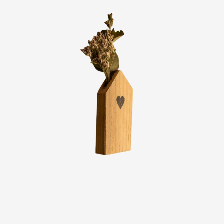 Wooden Magnet with Dried Flowers, a natural wood house-shaped block with a small heart and dried floral sprig.