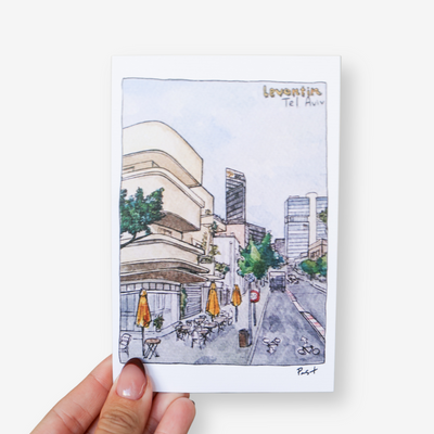 Set of five illustrated Tel Aviv postcards showcasing city architecture and beaches by PAST studio
