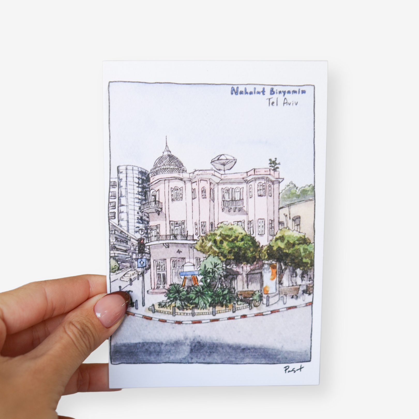 Set of five illustrated Tel Aviv postcards showcasing city landmarks and vibrant scenes