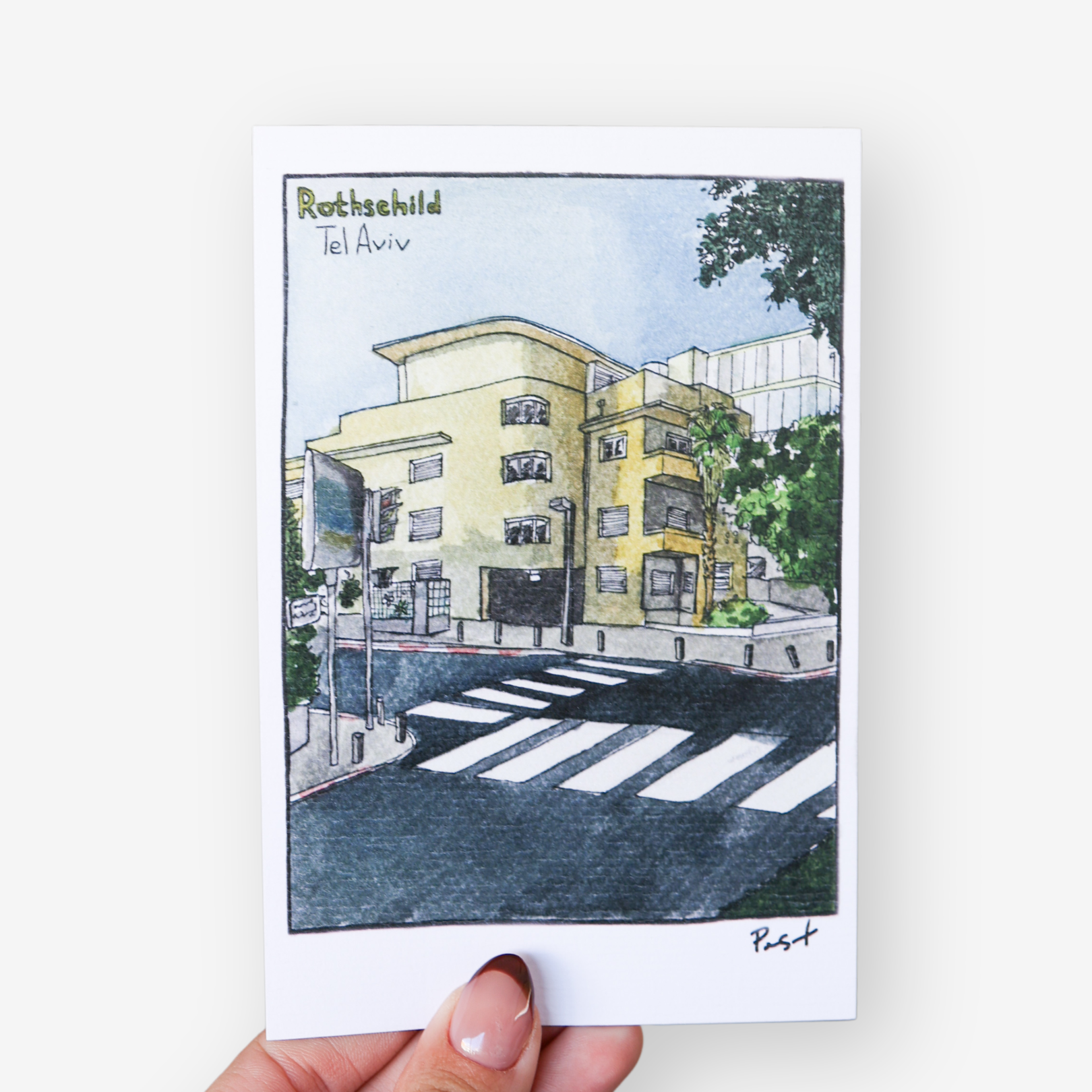 Set of five illustrated Tel Aviv postcards featuring Bauhaus buildings, beaches, and colorful streets by artist PAST